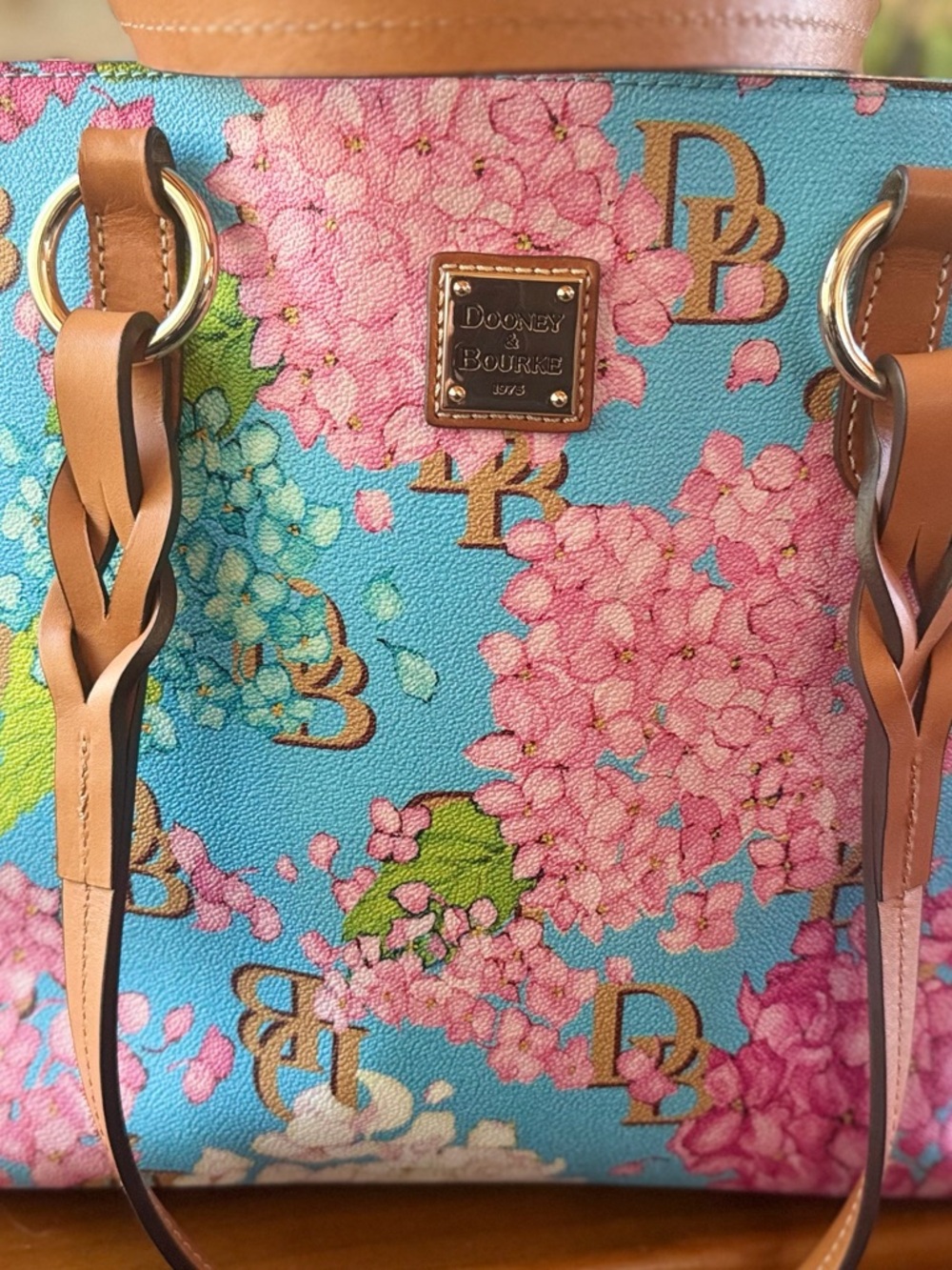 Dooney & Bourke Pink & Blue Hydrangeas Floral Leather-Trim Tote large.